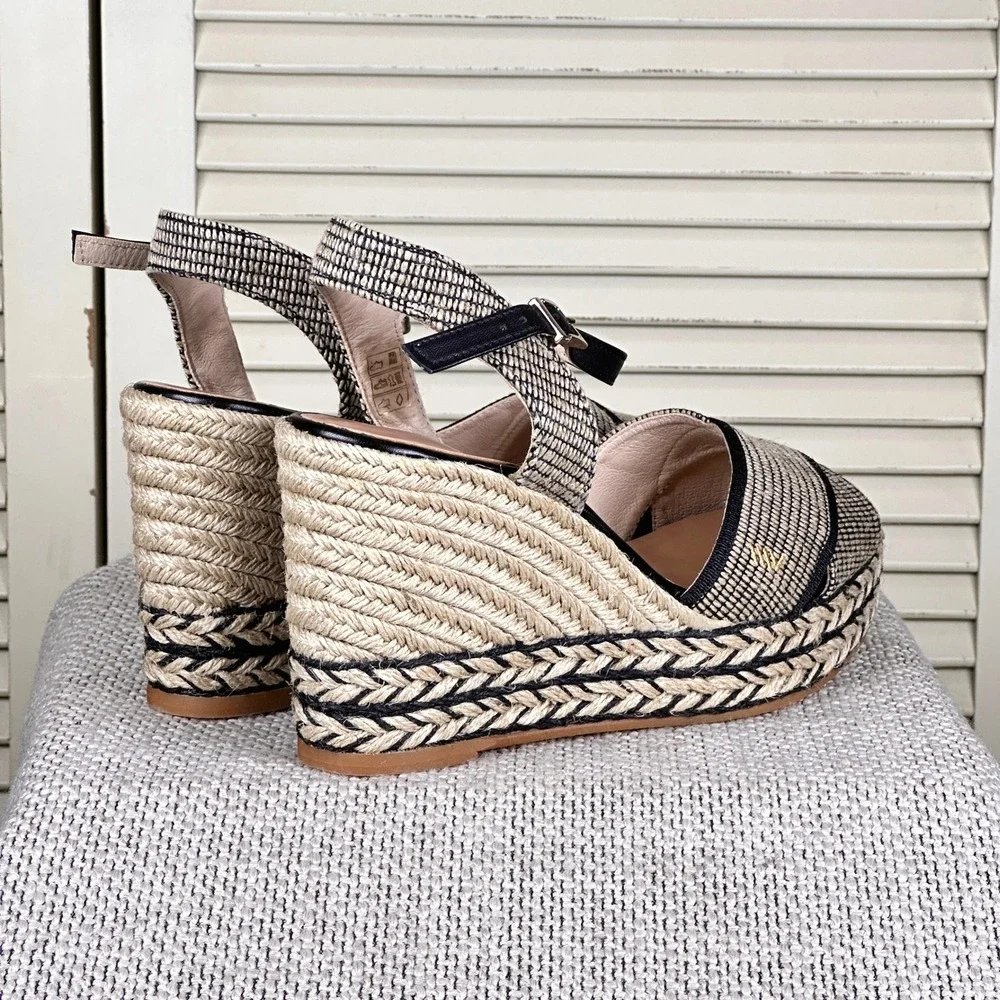 Viscata Barcelona Black Cream Woven Espadrille Platform Wedge Spain 7 US | 38 EU
